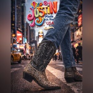 Justin Boots 8936 Ostrich Leather Cowboy Boots Antique Gray Mens 8D